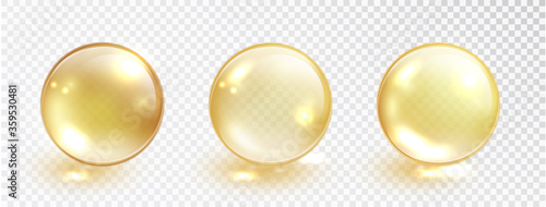 Gold oil bubble set isolated on transparent background. Vector realistic yellow serum droplet of drug or collagen essence. Vitamin translucent pill. photo