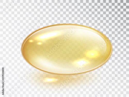 Oil bubble isolated on transparent background. Transparent yellow capsule of drug, vitamin or fish oil macro vector illustration. Cosmetic pill capsule of vitamin E, A or argan oil