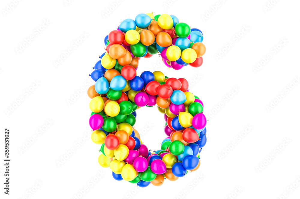 Number 6 from colored balloons, 3D rendering Number 6 from colored balloons, 3D rendering