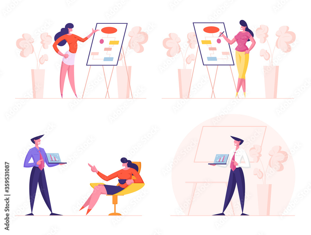 Set Male and Female Business People Analysing Scheme at Whiteboard, Performing Statistics Data with Businesswoman Character. Businessman Presentation with Laptop in Office. Cartoon Vector Illustration Set Male and Female Business People Analysing Scheme at Whiteboard, Performing Statistics Data with Businesswoman Character. Businessman Presentation with Laptop in Office. Cartoon Vector Illustration