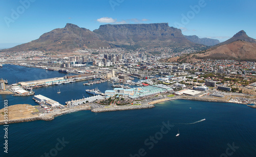 Cape Town, Western Cape / South Africa - 02/08/2012: Aerial photo of Table Bay Hotel and V&A Waterfront with Cape Town CBD and Table Mountain in the background