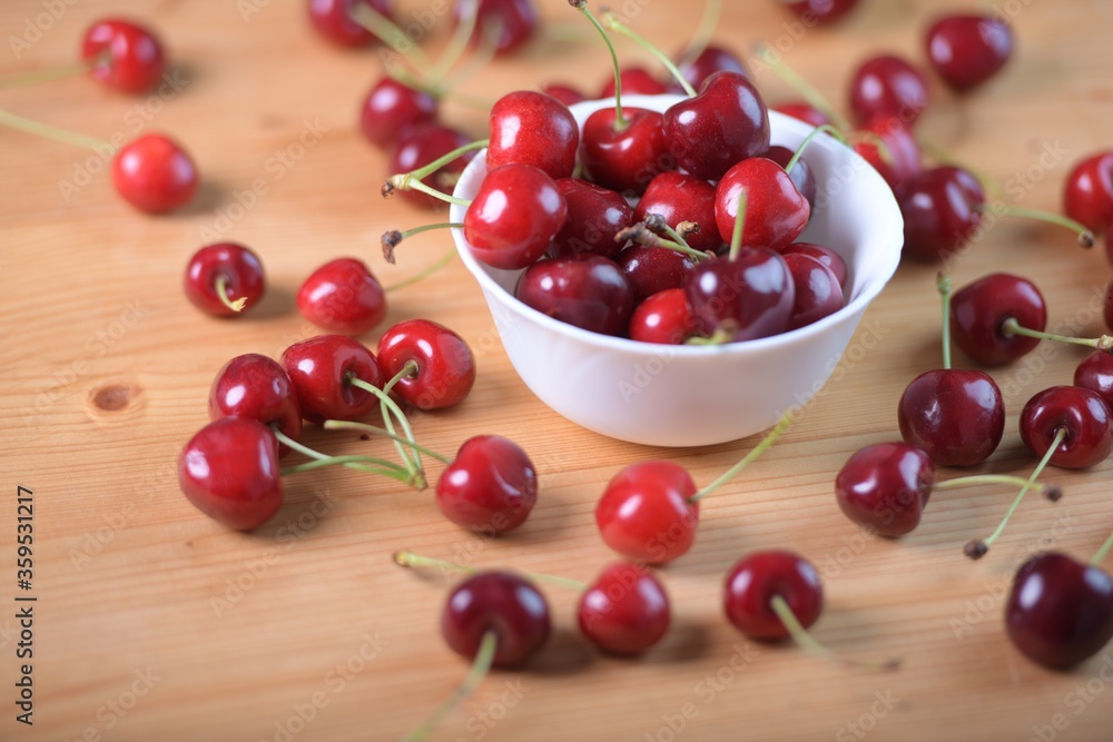 Red Cherries. pile of ripe cherries with stalks. Red Cherries. pile of ripe cherries with stalks.