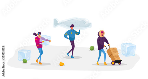 Tiny Male and Female Characters Carry Huge Frozen Fish and Box with Products with Ice Cubes around. Healthy Refrigerated Food. People Freezing Production for Long Storage. Cartoon Vector Illustration