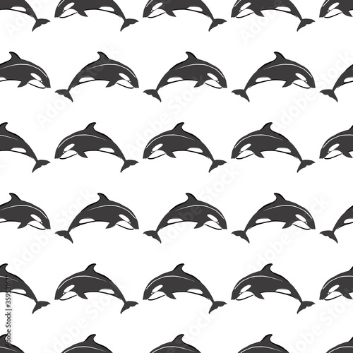 Simple whale Orcas on white background seamless pattern. Vector illustration. Repeating pattern design.