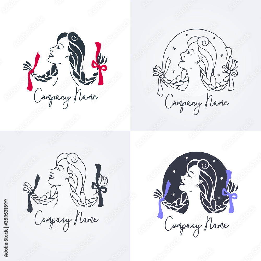 Lovely woman with pigtails in the style of Pippi Longstocking. Logo for beauty salon, hairdresser or hair care products. Black and white Lovely woman with pigtails in the style of Pippi Longstocking. Logo for beauty salon, hairdresser or hair care products. Black and white