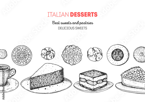 Italian dessert vector illustration. Italian food hand drawn sketch. Baking collection, engraved style. Vintage design template. Torta caprese, tiramisu, torta della nonna, pignoli, pizzelle, amaretti