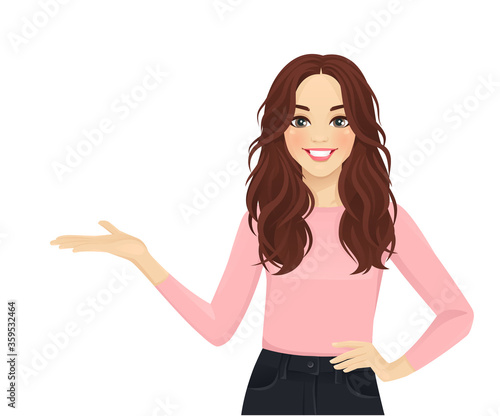 Young woman with long hair in casual style clothes showing isolated vector illustration
