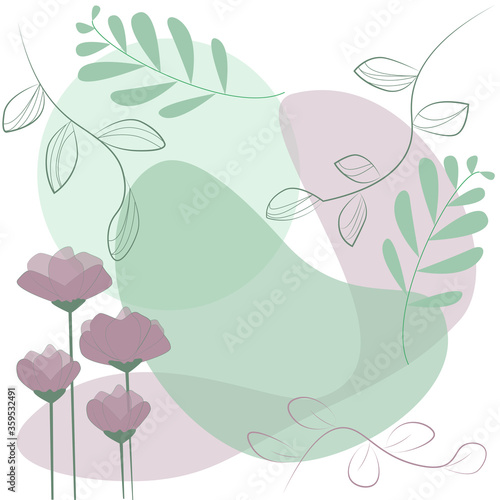 Abstract background with organic shapes, branches and flowers with copy space for text. Beauty backdrop vector illustration.