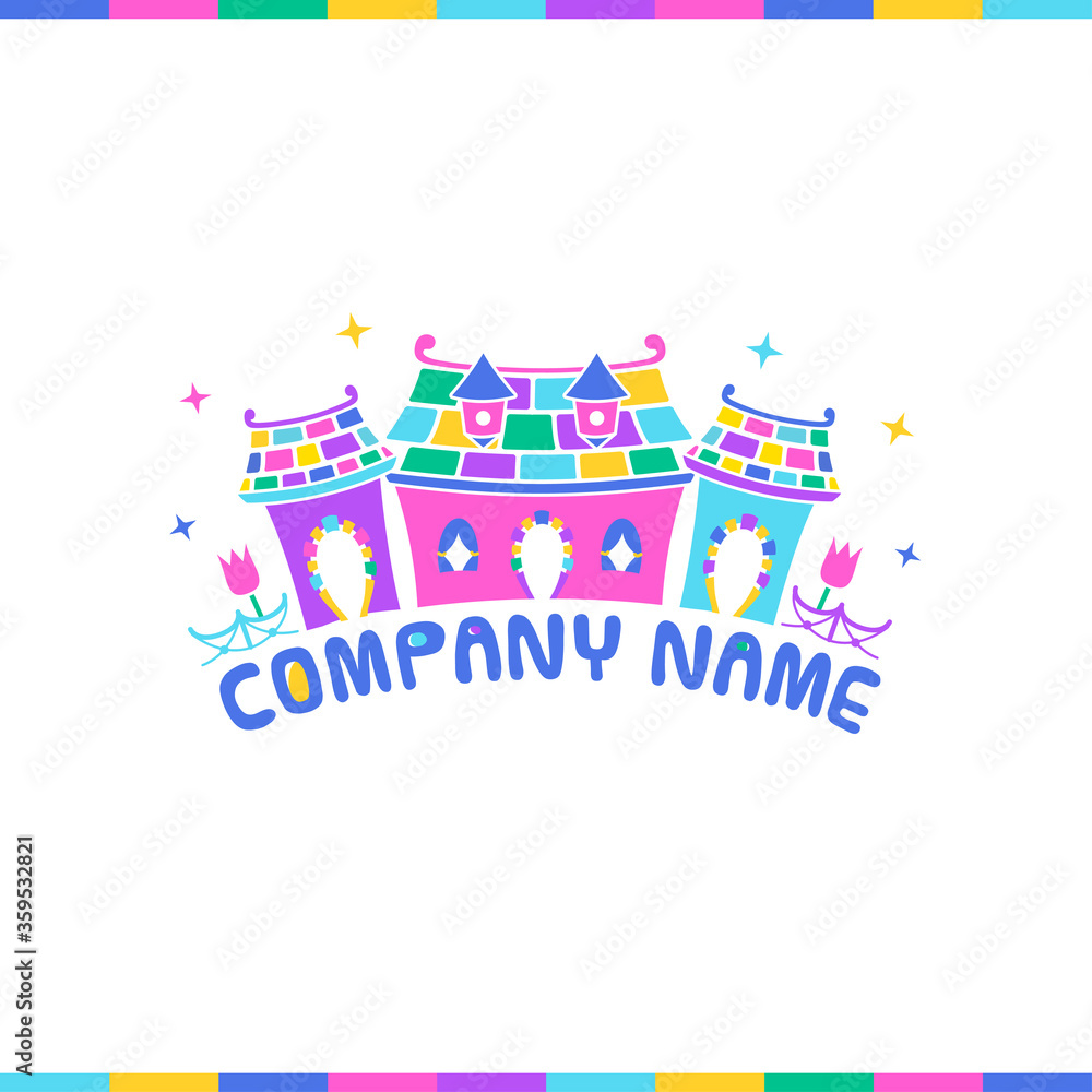 Fairy tale houses. Cartoon playful logo, symbol for kinder garden, kids entertainment field, toys, children products 