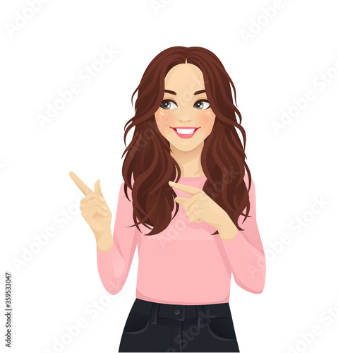 Young cheerful woman with long hair in casual style clothes pointing away isolated vector illustration