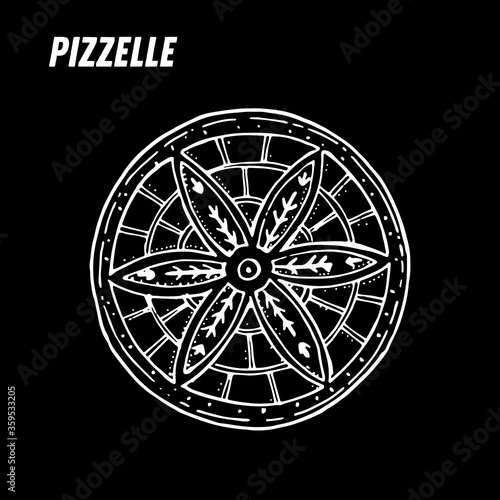 Pizzelle sketch. Italian dessert vector illustration. Italian sweet hand drawn sketch. Vintage design template.