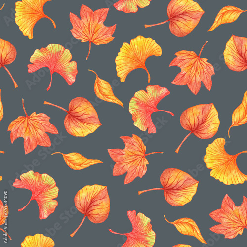 Seamless pattern with watercolor autumn leaves. Orange leaf pattern. Botanical endless background. Leaves fall pattern. 