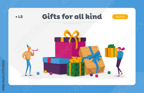 Holidays or Birthday Celebration Landing Page Template. Happy People Carry Gift Boxes Wrapped with Bows. Characters Prepare Presents for Family and Friends on Boxing Day. Cartoon Vector Illustration