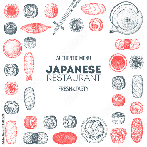 Sushi menu, sushi bar hand drawn design. Japanese food. Hand drawn doodle set with sushi. Vintage template with traditional asian food sketch.