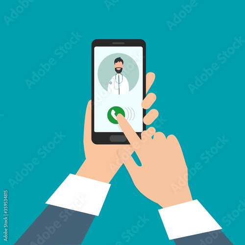 Online Doctor. Man Calling His Physician By Video Call On Smartphone, Vector