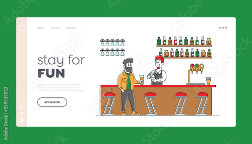 Nightlife Sparetime Leisure Landing Page Template. Young Man Sitting in Pub Ordering Alcohol Drink. Barista Holding Glass Beer Bottle. Male Character in Night Bar. Linear People Vector Illustration
