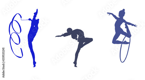 Vector silhouettes of gymnasts on a white background with gymnastic objects