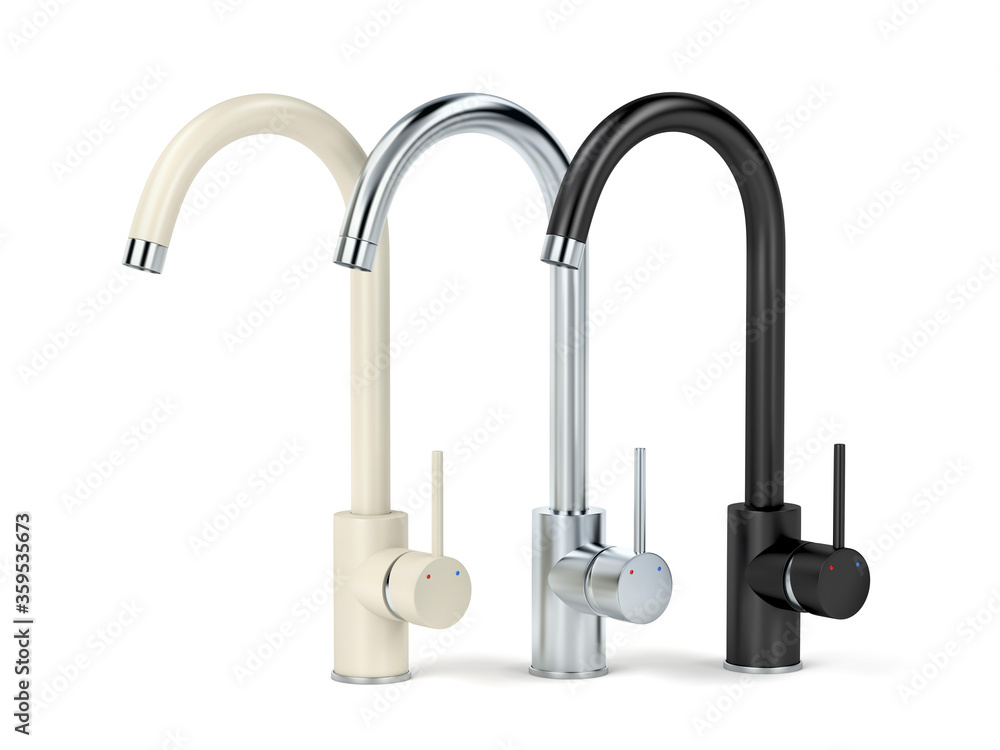 Modern kitchen faucets with different colors and materials. Beige, silver and black. Modern kitchen faucets with different colors and materials. Beige, silver and black.