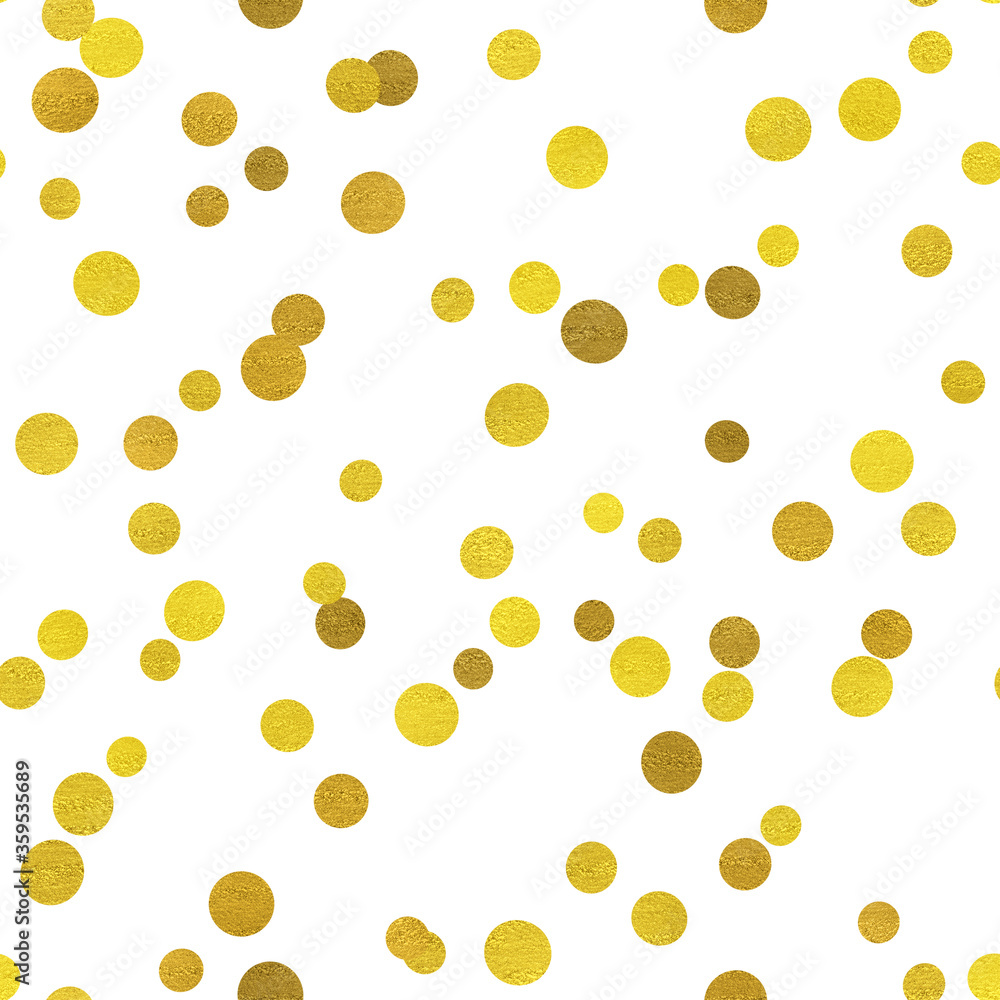 big glittering gold confetti circle dots seamless pattern on a white background