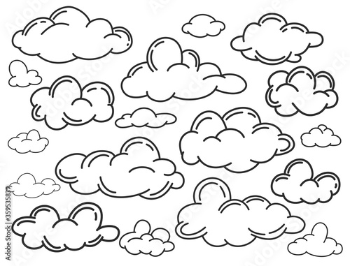 Hand draw the weather collection. Flat style vector illustration. Clouds doodle set. Outline stylized cloudscape in the sky.