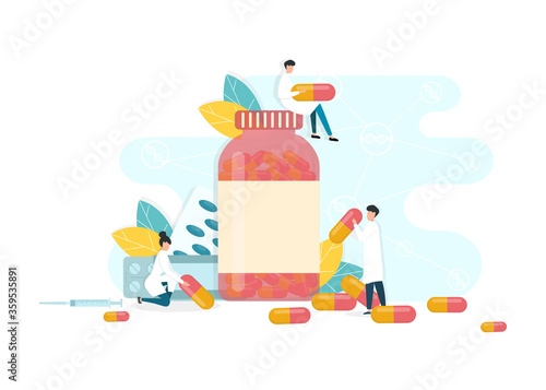 Pharmacists and diverse medical drugs, vector illustration