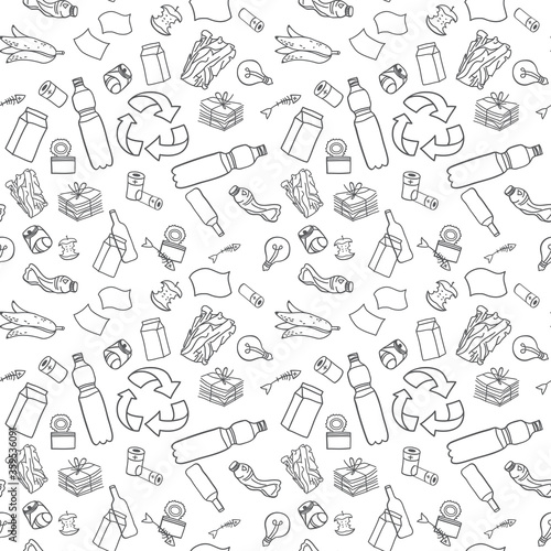 Garbage seamless pattern outline isolated on white background. Vector illustration.The concept of ecology and the World Cleanup Day