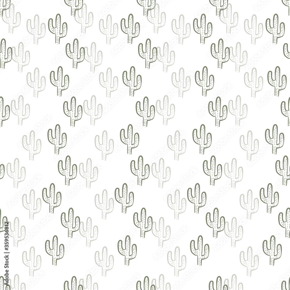 Seamless green repeating cactus pattern with white background. outline cactus cute kids pattern.