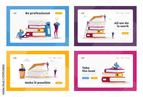 Busy Office People Company Employees Paperwork Deadline Stress Landing Page Template Set. Tiny Business Characters on Huge Pile of Documentation or Paper Documents Folders. Cartoon Vector Illustration