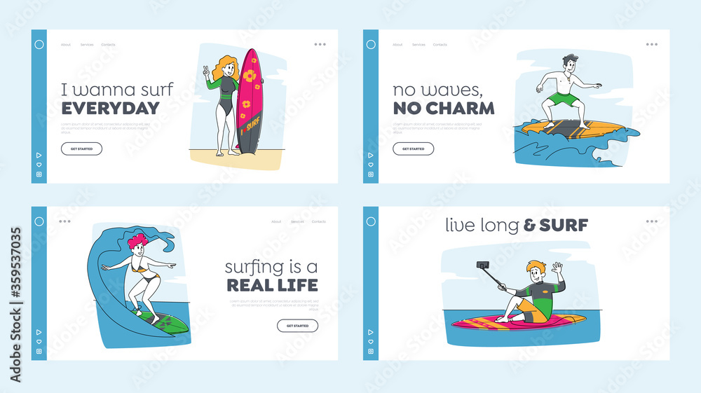 Surfer Sport Activity Landing Page Template Set. Surfing People Characters Riding Surf Boards by Ocean Waves, Make Selfie. Sports Competition, Summer Sparetime, Lifestyle. Linear Vector Illustration