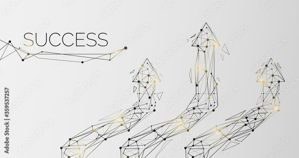 Way to success. Polygonal arrows pointing upwards on grey background, vector illustration. Panorama
