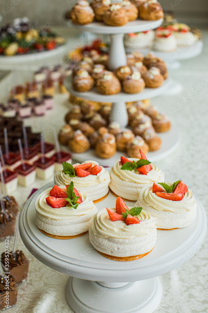 The candy bar with a large selection of different desserts