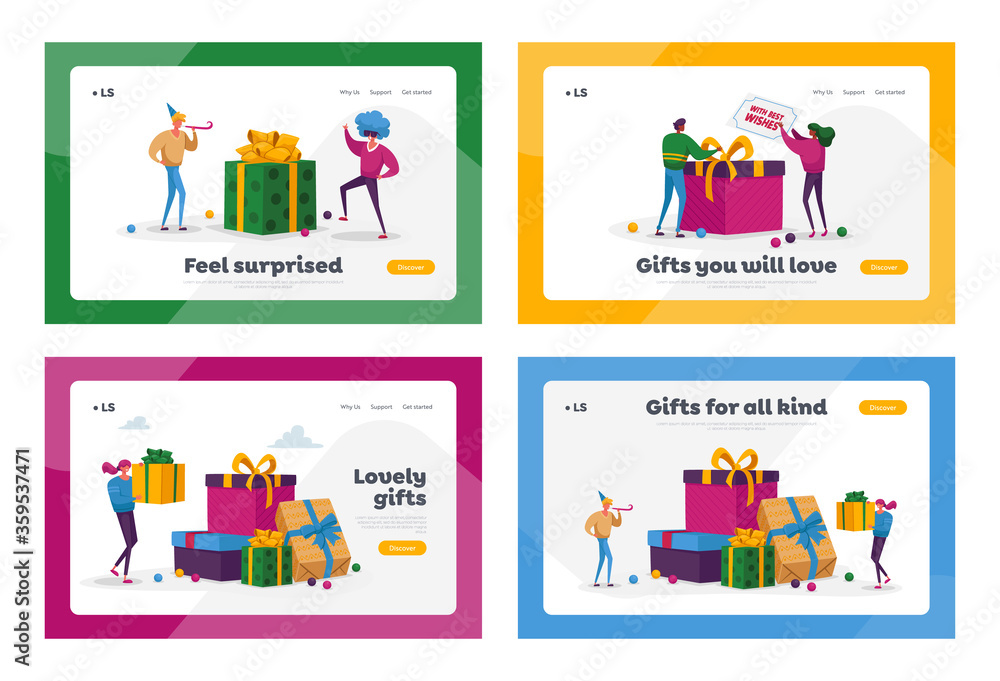 People Buying Presents for Family and Friends on Holidays Landing Page Template Set. Happy Characters Carry Wrapped Gift Boxes Put in Huge Gifts Pile Prepare for Christmas. Cartoon Vector Illustration
