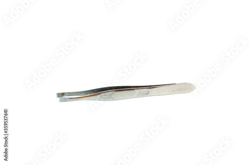 Small old dirty tweezers on white background