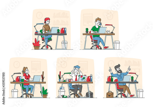 Men and Women Freelancers or Office Workers Characters Working on Laptop Sitting at Desk. Remote or Stationary Workplace. Freelance Self-employed Occupation Concept. Linear People Vector Illustration