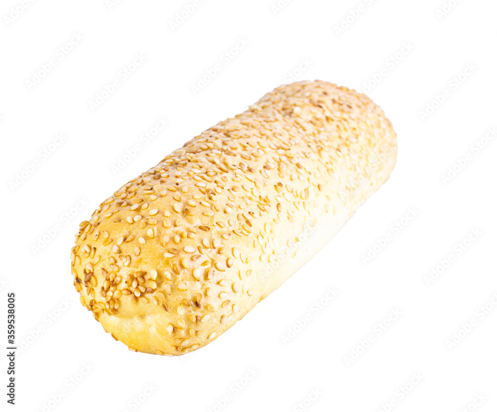 Appetizing baked golden bun with sesame seeds on white background Appetizing baked golden bun with sesame seeds on white background