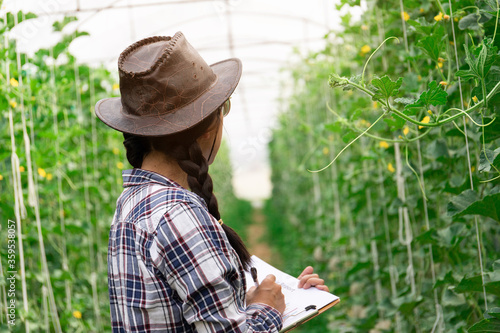 smart farmer using technology in an agriculture field, She was watching the produce from her garden, her checking by using notebook in farm field.