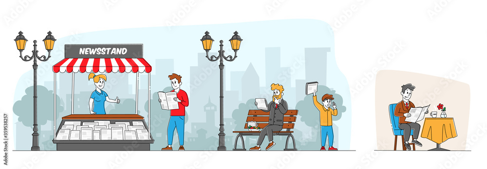 People Reading and Selling Newspapers. Businessman Read Magazine Sitting on Bench Outdoor. Male Characters Buy Press Media at Kiosk, Read News at Home and Walking on Street. Linear Vector Illustration