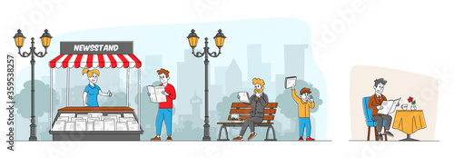 People Reading and Selling Newspapers. Businessman Read Magazine Sitting on Bench Outdoor. Male Characters Buy Press Media at Kiosk, Read News at Home and Walking on Street. Linear Vector Illustration