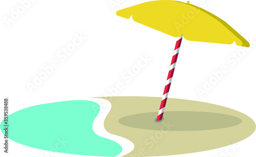 vector illustration of beach with yellow, red and white umbrella and sea