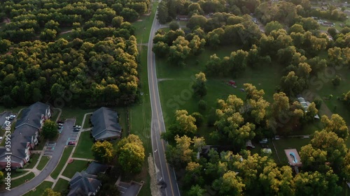 Aerial view of a street and houses in the town of Fort Valley, Georgia