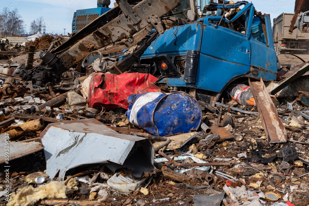 Landfill with iron products. Metal recycling business.