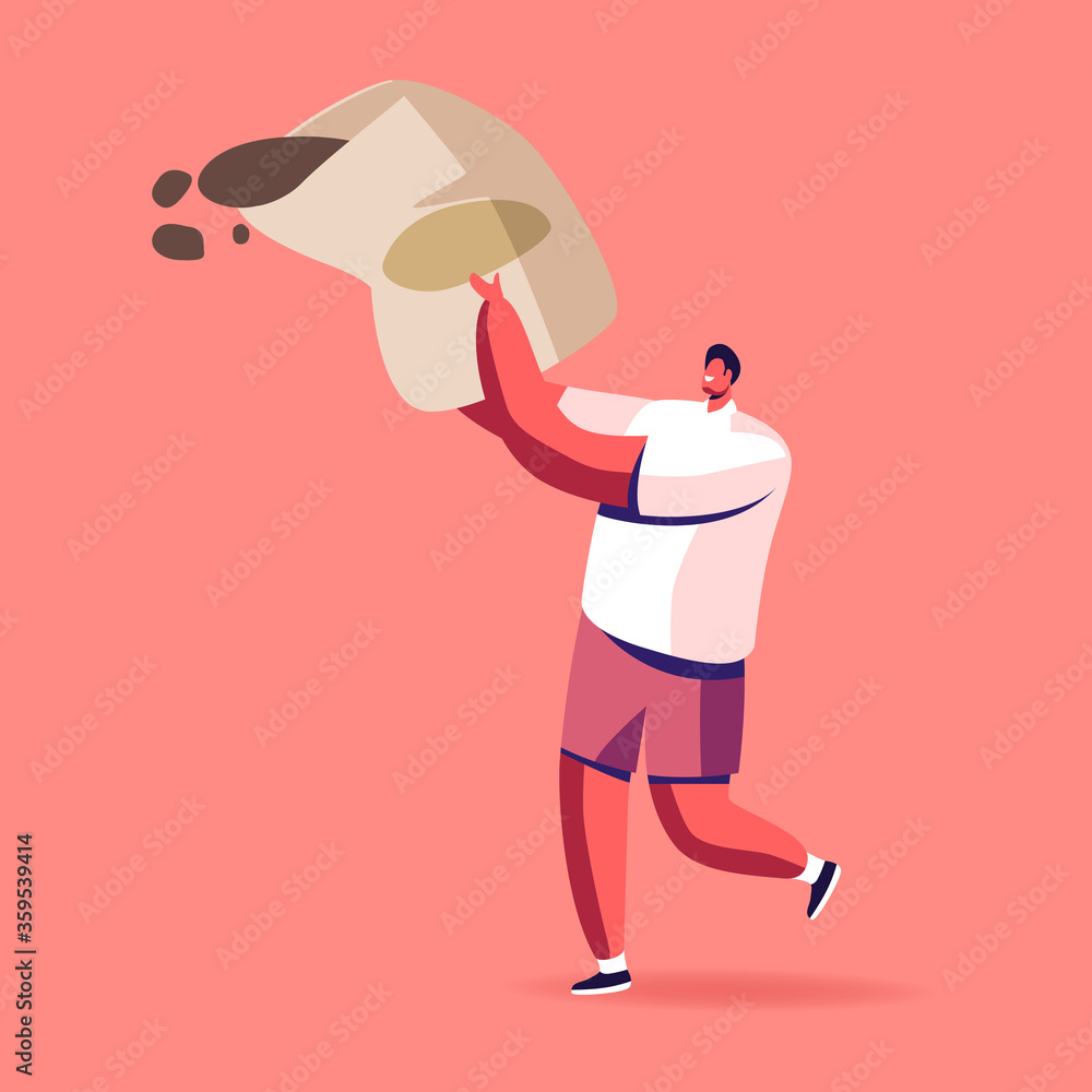 Tiny Male Character Carry Huge Sack with Fertilizer for Garden Plants or Home Flowers and Bonsai Tree. Farmer Fertilizing Soil for Good Harvest, Agriculture Gardening. Cartoon Vector Illustration
