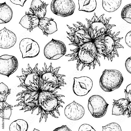 Hazelnut seamless pattern. Hazelnut nuts hand drawn sketch. Nuts vector illustration. Organic healthy food. Great for packaging design. Engraved style. Black and white color.