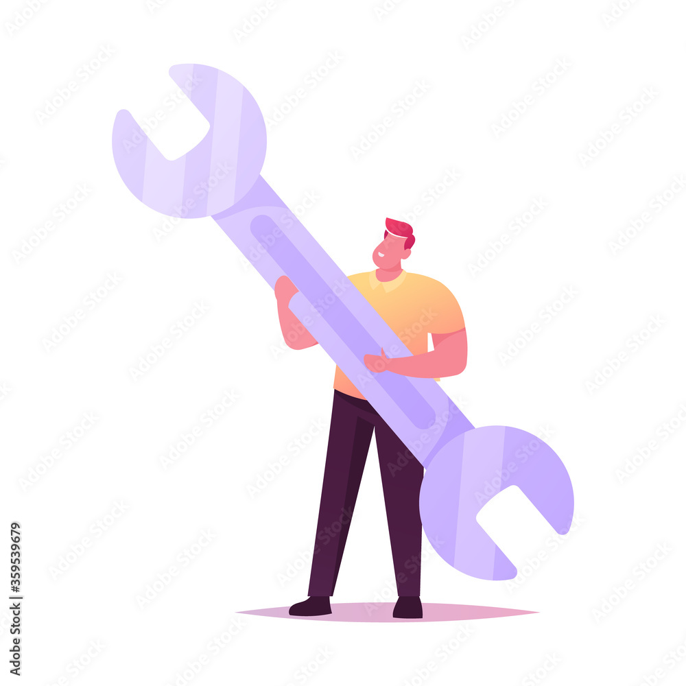 Technical Support Service Tiny Man Character Hold Huge Wrench Man