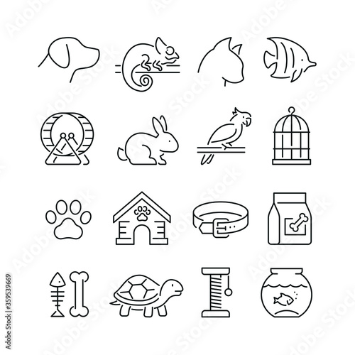 Pet related icons: thin vector icon set, black and white kit