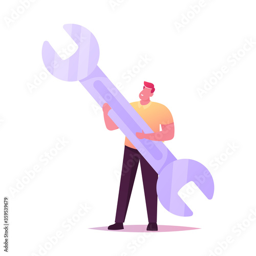 Technical Support Service. Tiny Man Character Hold Huge Wrench. Man with Spanner Repair Instrument for Fixing Broken Things, Construction Tool Isolated on White Background. Cartoon Vector Illustration