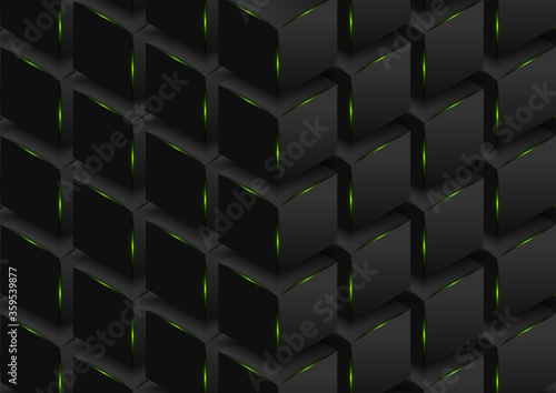 Abstract black 3d cubes with green glowing lights technology background. Geometry vector design