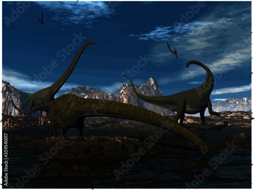 Mamenchisaurus dinosaur walk and drink by day - 3D render © Elenarts