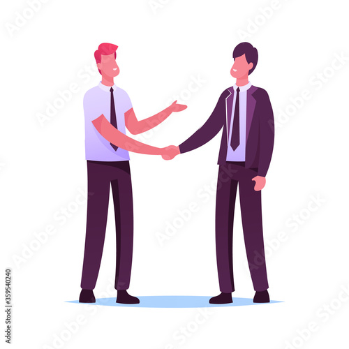 Business Partners Men Handshaking and Partnership Concept. Businesspeople Characters Meeting for Project Discussion, Shaking Hands Agreement during Negotiation. Cartoon People Vector Illustration