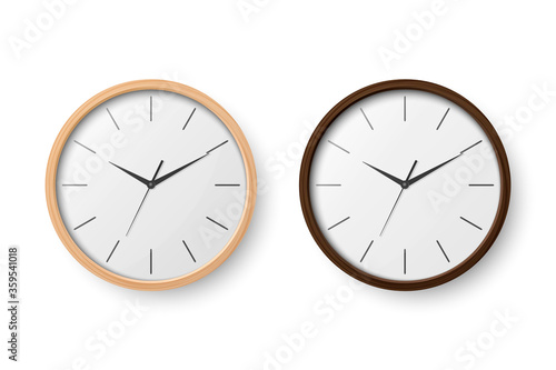Vector 3d Realistic Simple Round Wooden Wall Office Clock with White Dial Icon Set Closeup Isolated on White Background. Design Template, Mock-up for Branding, Advertise. Front or Top View